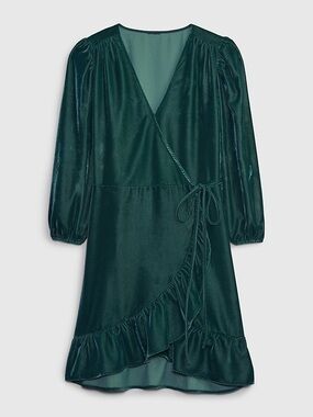 GAP Deep Green Velvet Wrap Dress with Ruffle Trim